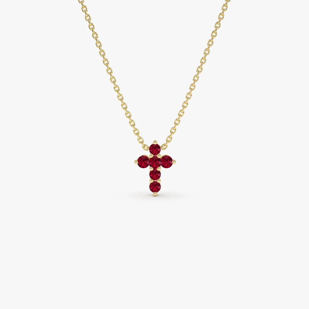 14k Solid Gold Round Ruby Tiny Cross Pendant Necklace 0.25 Carat Prong Setting