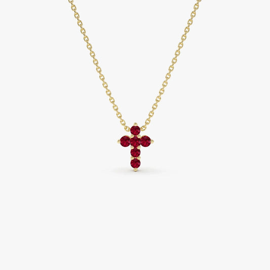 14k Solid Gold Round Ruby Tiny Cross Pendant Necklace 0.25 Carat Prong Setting