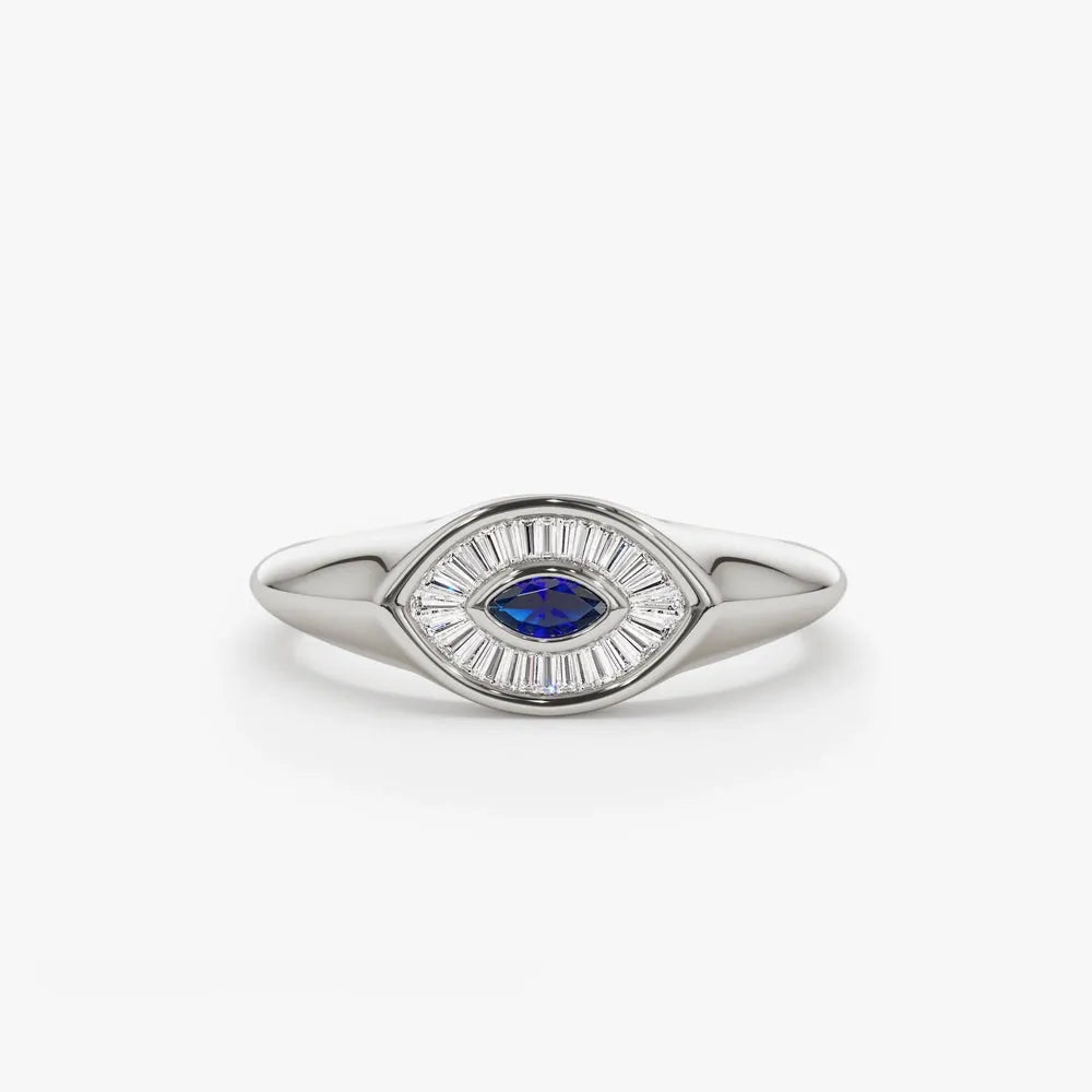 14k Gold Sapphire and Diamond Marquise and Baguette Cut Ring 0.38 ctw