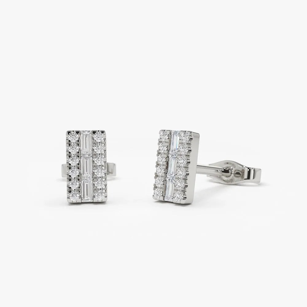 14k Gold Diamond Baguette and Round Cut Bar Stud Earrings 0.22 ctw