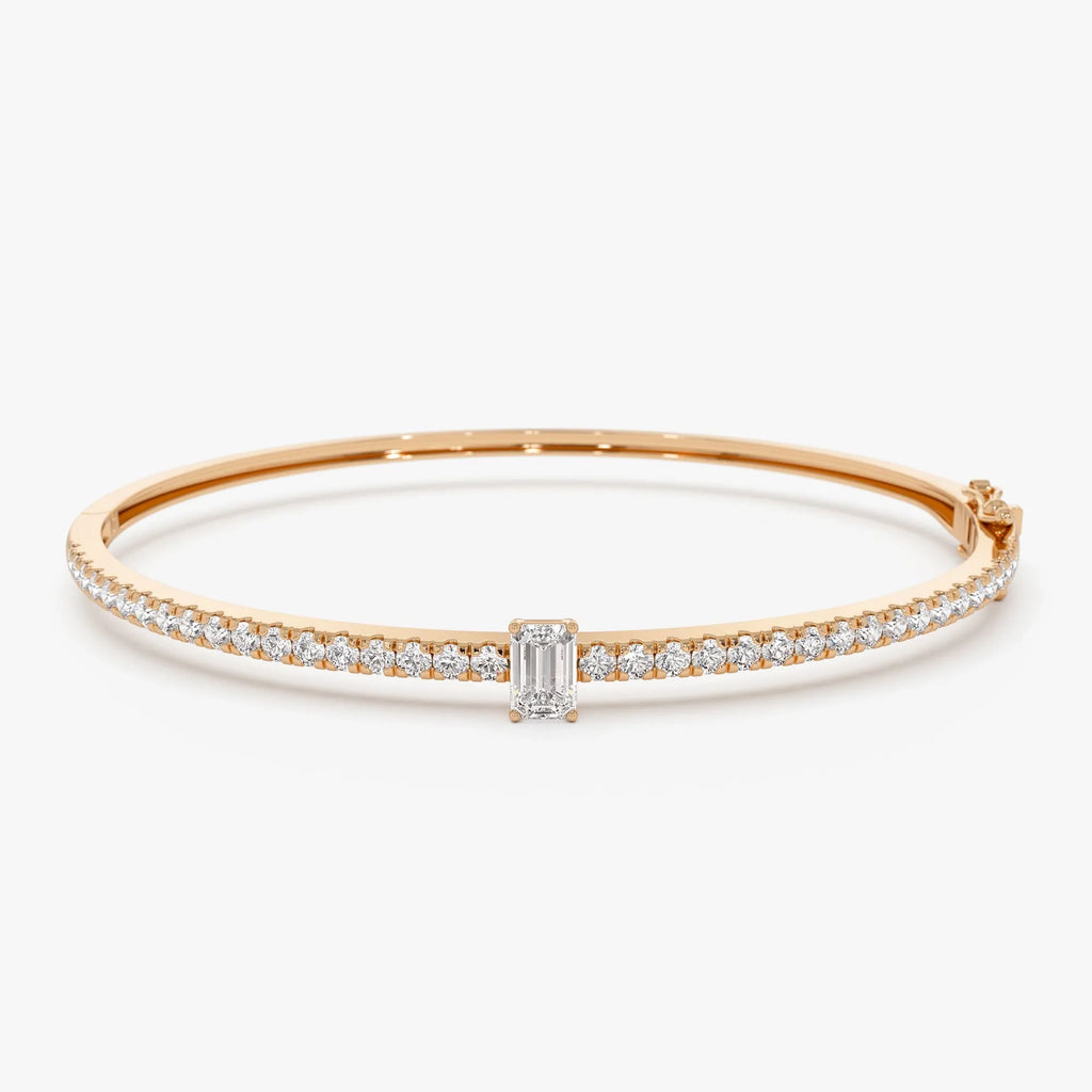 14K Solid Gold 1.05 CTW Emerald Cut and Round Diamond Bangle