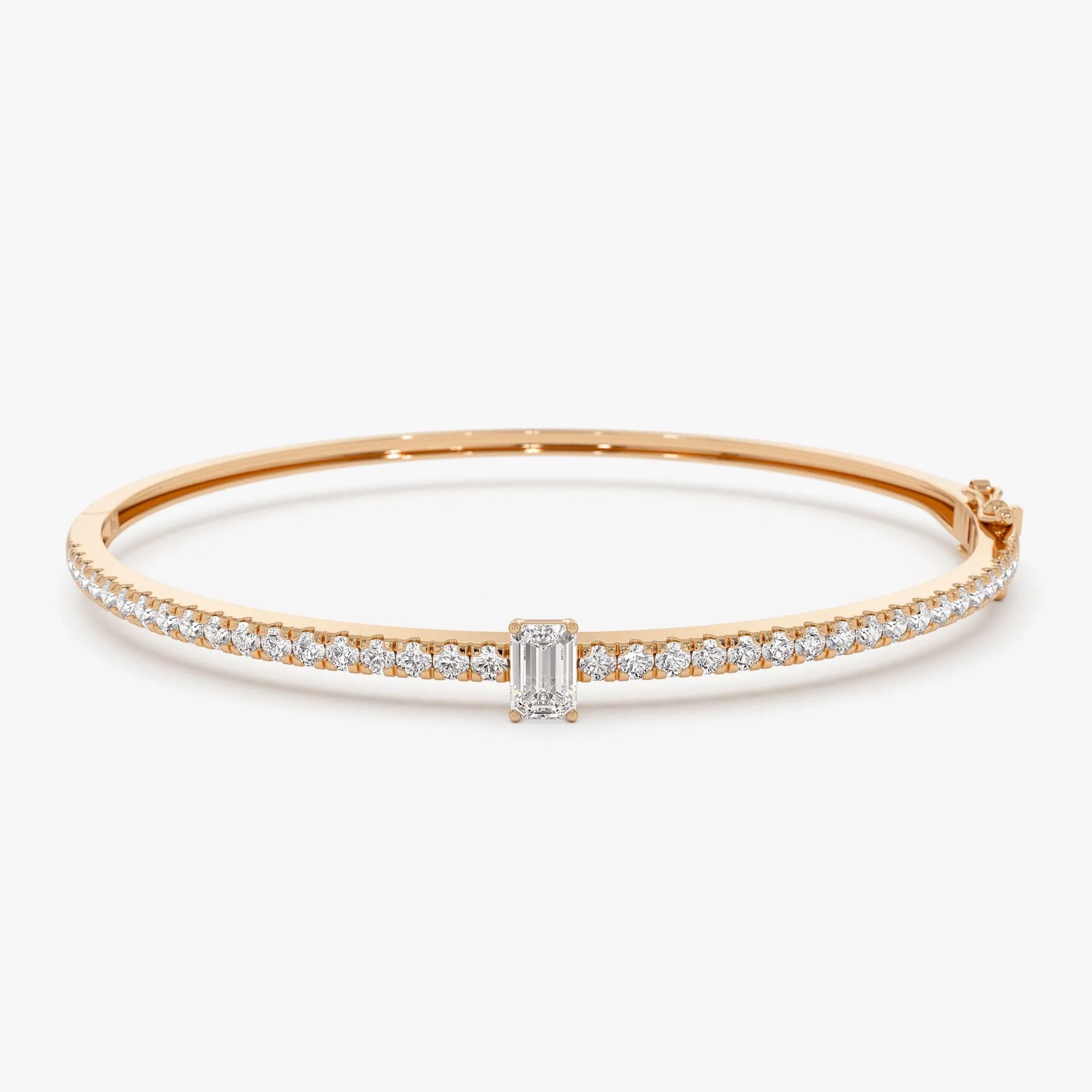 14K Solid Gold 1.05 CTW Emerald Cut and Round Diamond Bangle