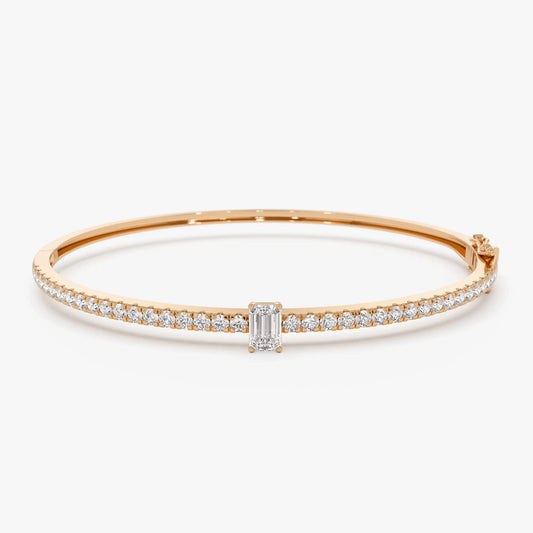 14K Solid Gold 1.05 CTW Emerald Cut and Round Diamond Bangle