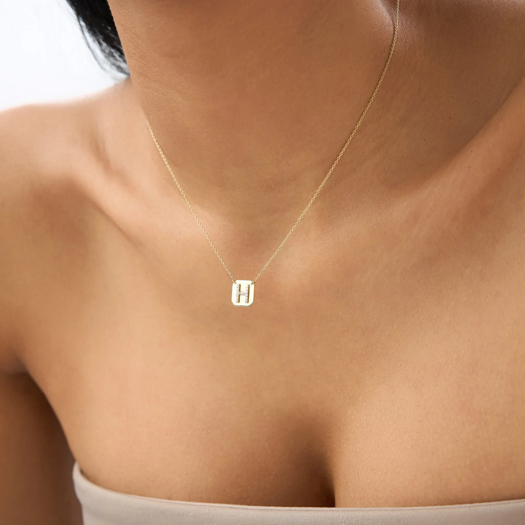 14K Solid Gold Round Diamond Initial Letter Pendant Necklace Prong Setting 0.10ctw