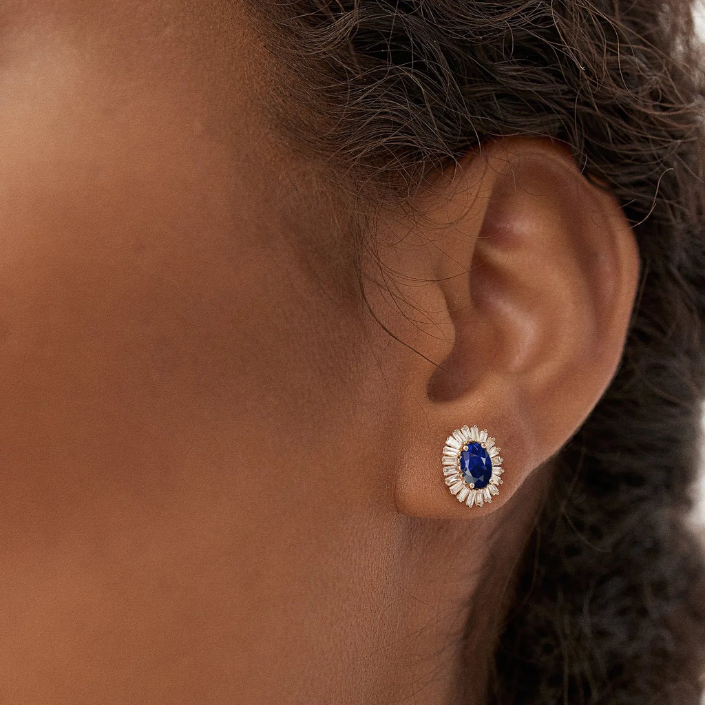 14k Solid Gold Oval Blue Sapphire and Baguette Diamond Ballerina Stud Earrings 1.75 ctw