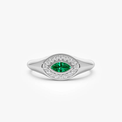 14K Gold Marquise Emerald and Round Diamond Halo Ring 0.31 CTW