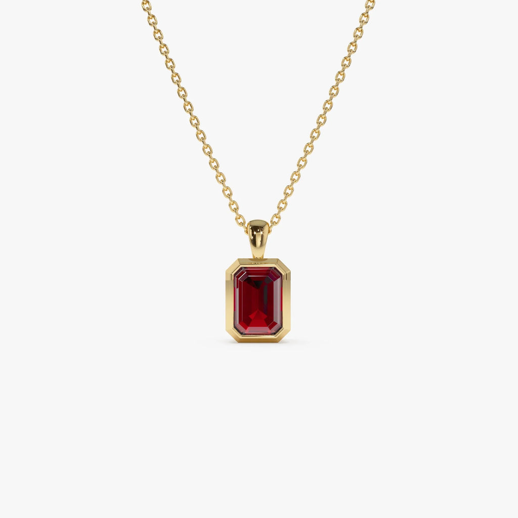14k Solid Gold Garnet Emerald Cut Vertical Pendant 1.2 Carat Bezel Setting