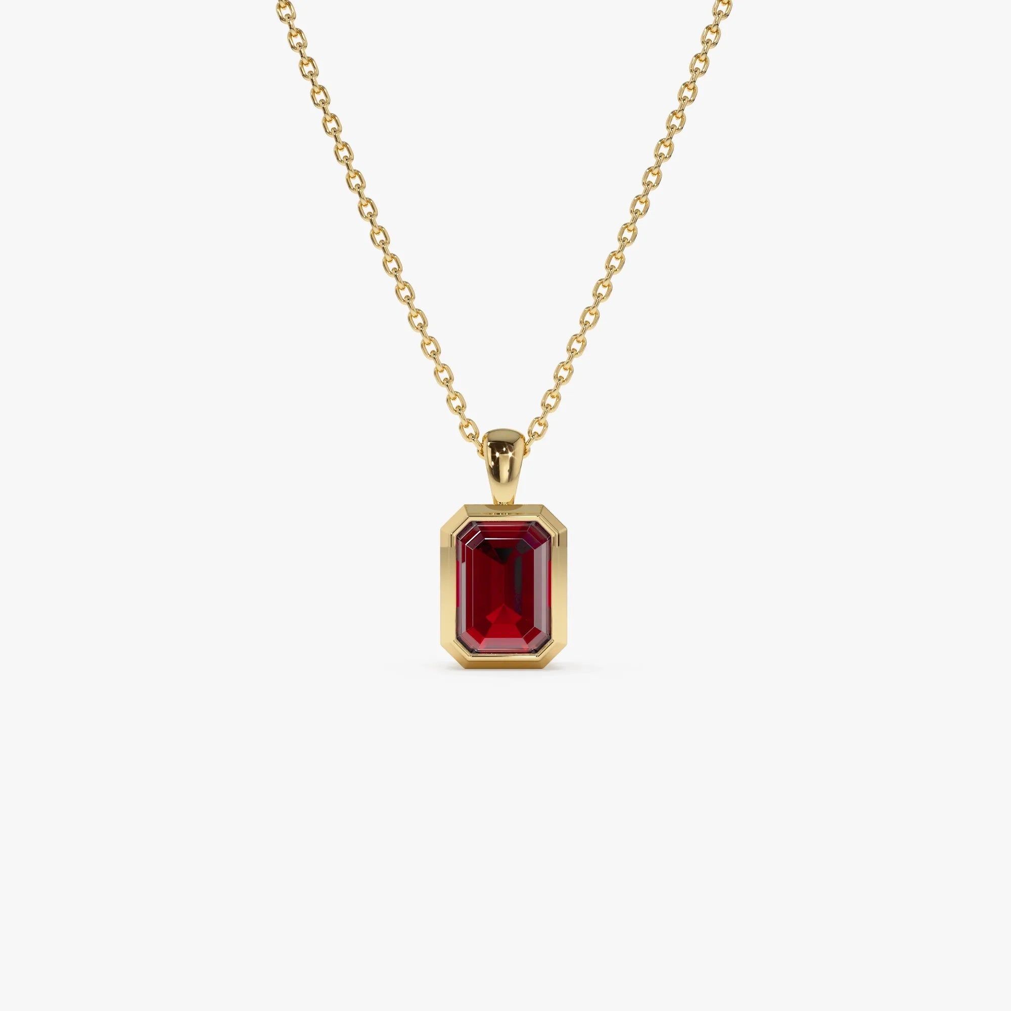 14k Solid Gold Garnet Emerald Cut Vertical Pendant 1.2 Carat Bezel Setting