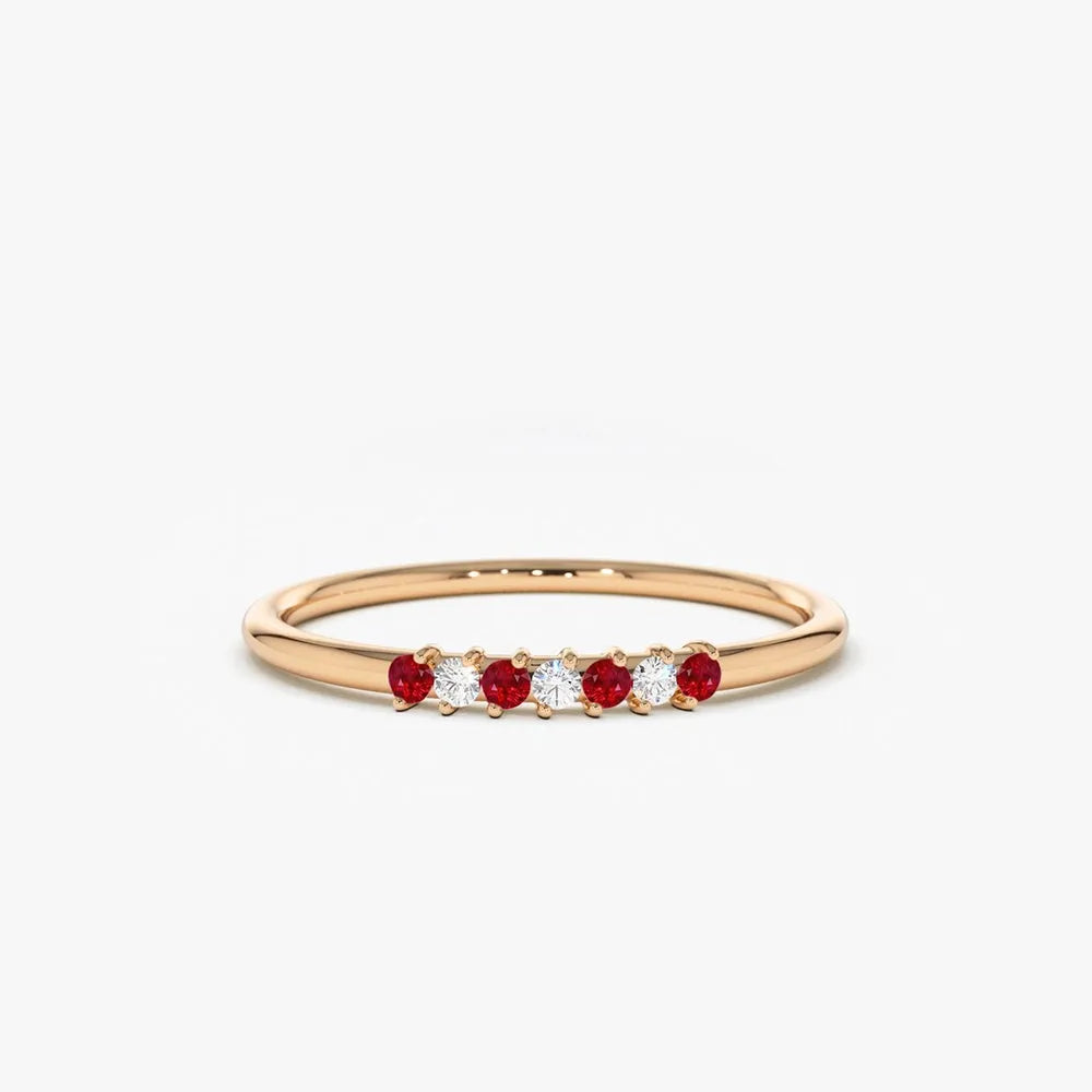 14k Gold Ruby and Diamond Round Cut Petite Ring 0.11 ctw