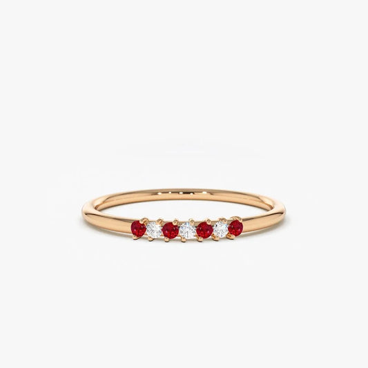 14k Gold Ruby and Diamond Round Cut Petite Ring 0.11 ctw