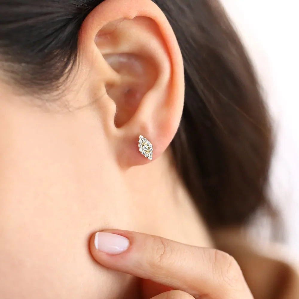 14k Gold Diamond Round Cut Evil Eye Stud Earrings Micro Pave 0.25 ctw