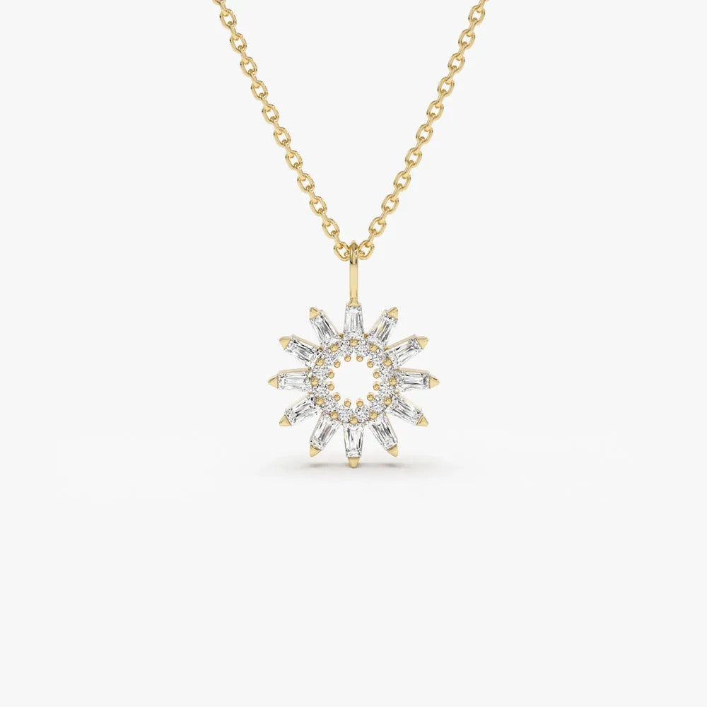 14K Solid Gold Baguette and Round Diamond Star Pendant Necklace Prong Setting 0.30ctw