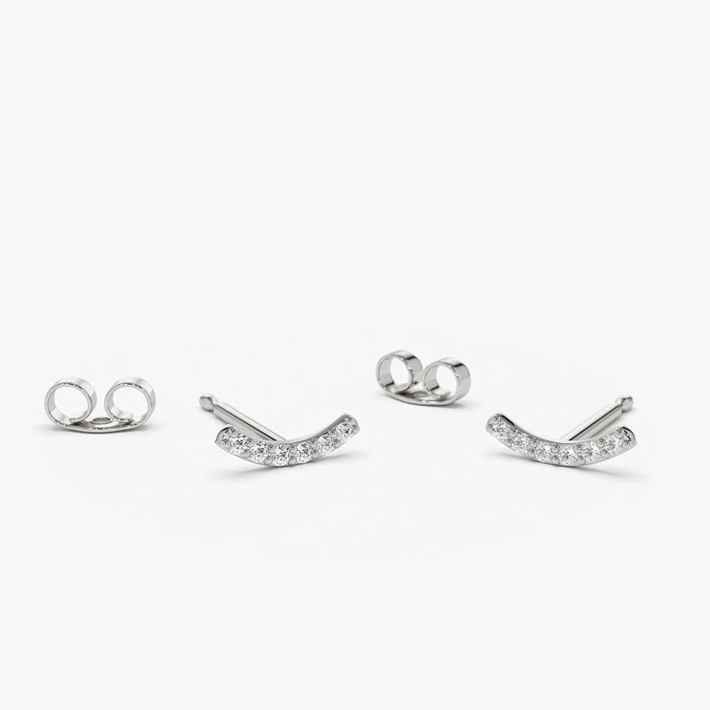 14k Gold Diamond Round Cut Curved Bar Stud Earrings Micro Pave 0.10 ctw