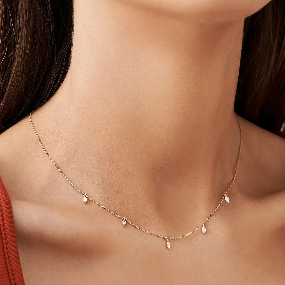 14K Solid Gold Marquise Diamond 5 Stone Dangling Necklace Prong Setting 0.36ctw