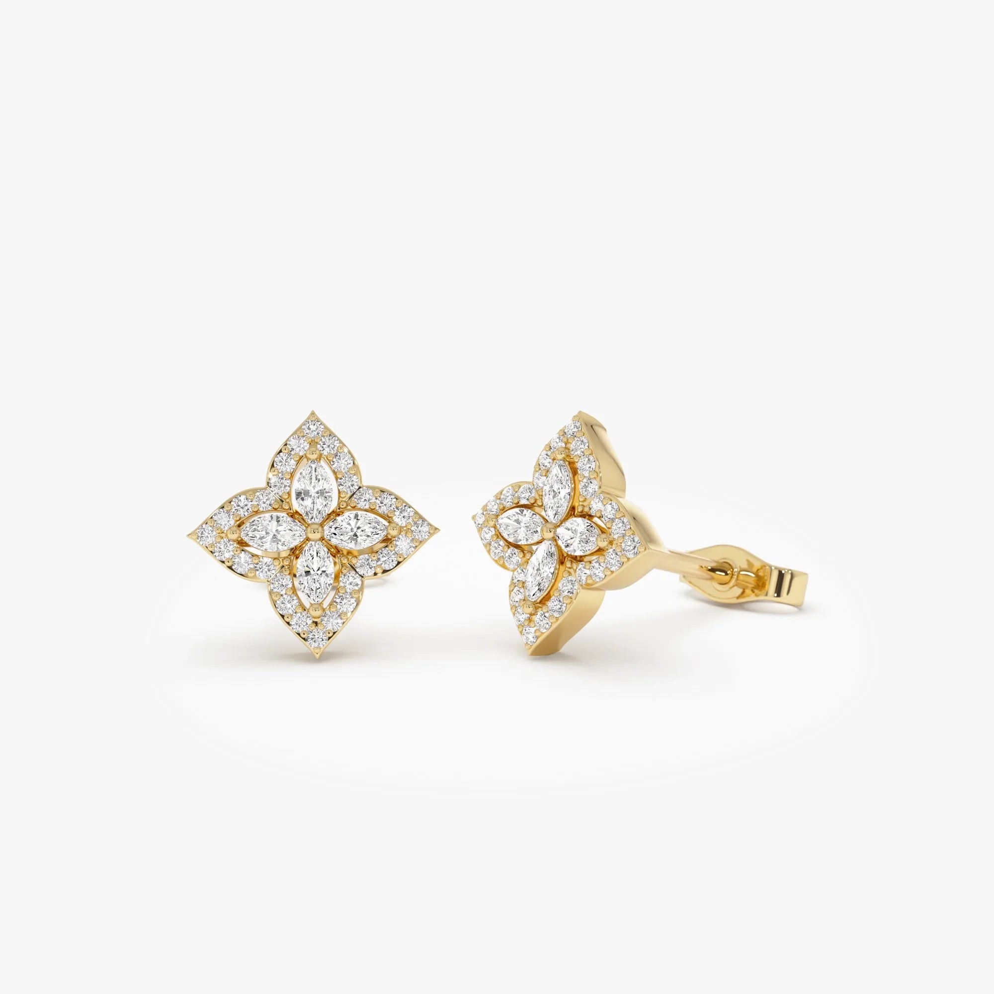 14k Gold Diamond Round and Marquise Cut Petal Halo Stud Earrings 0.45 ctw