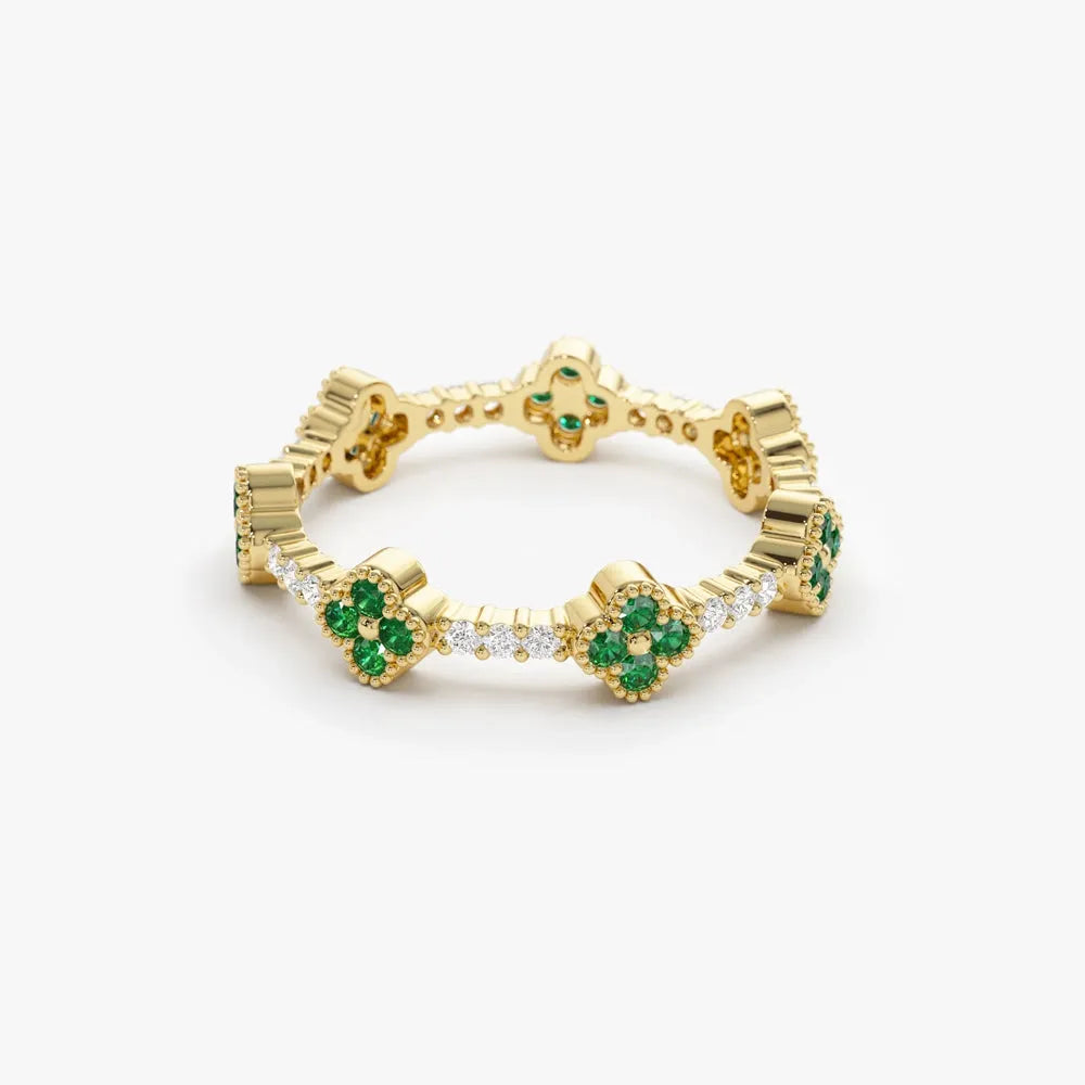 14K Solid Gold Round Emerald and Diamond Full Eternity Clover Ring 0.44 CTW