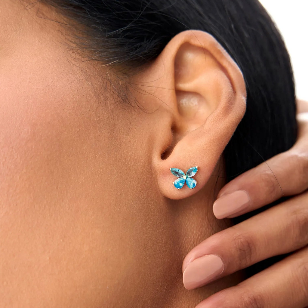 14K Solid Gold Marquise and Pear Cut London Blue Topaz Butterfly Stud Earrings 1.75ctw