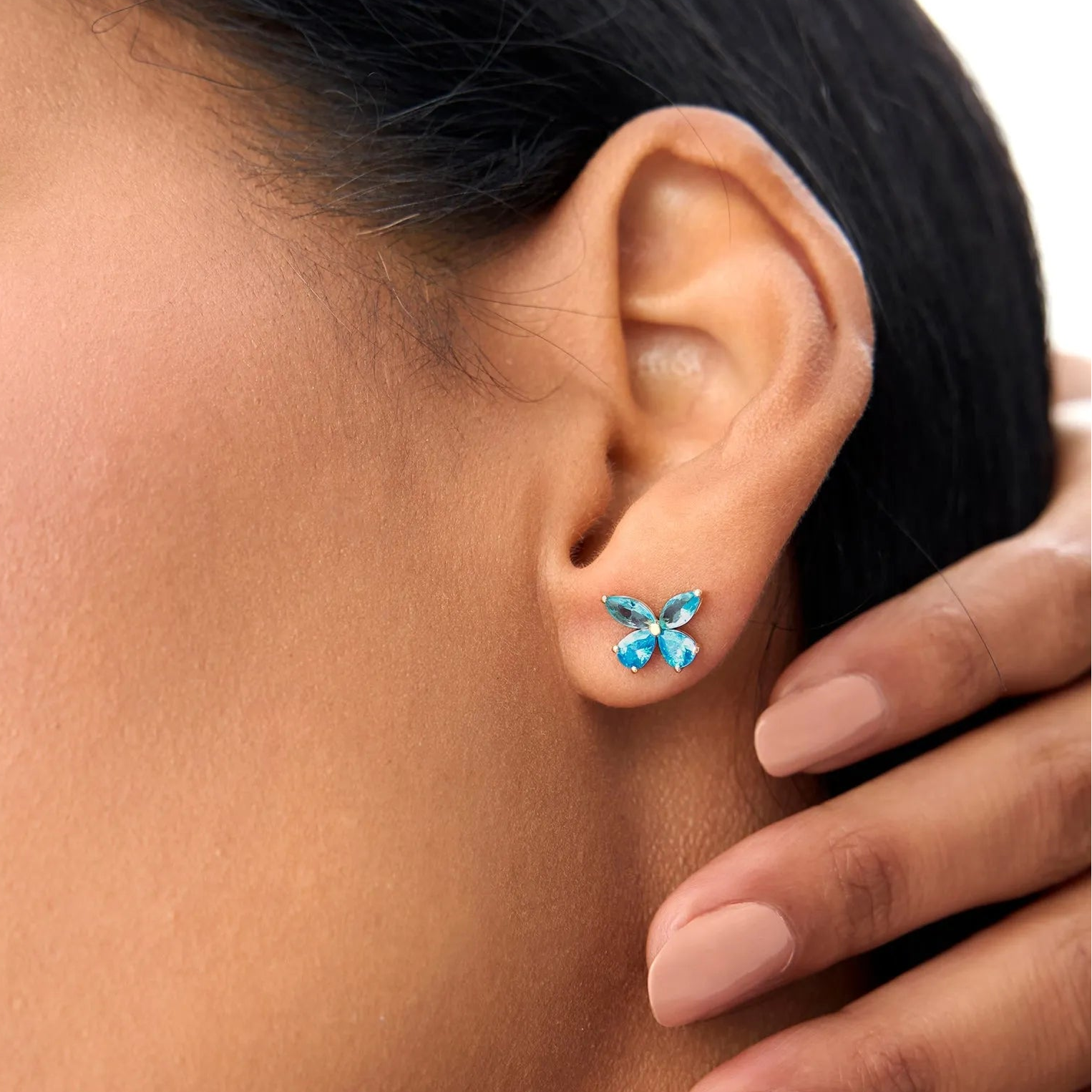 14K Solid Gold Marquise and Pear Cut London Blue Topaz Butterfly Stud Earrings 1.75ctw
