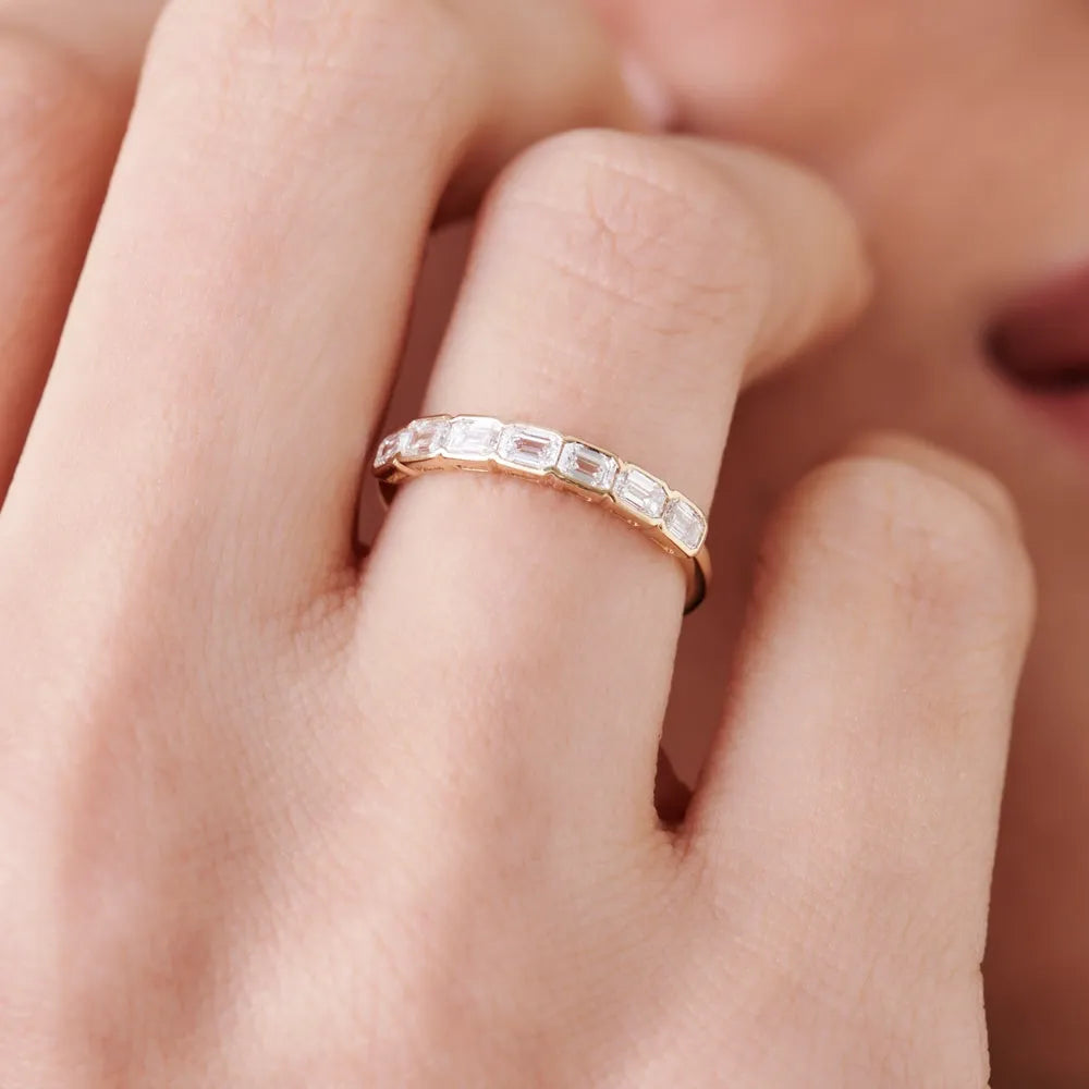 14k Gold Emerald Cut Diamond Half Bezel Wedding Band 0.75 ctw