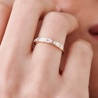 14k Gold Emerald Cut Diamond Half Bezel Wedding Band 0.75 ctw