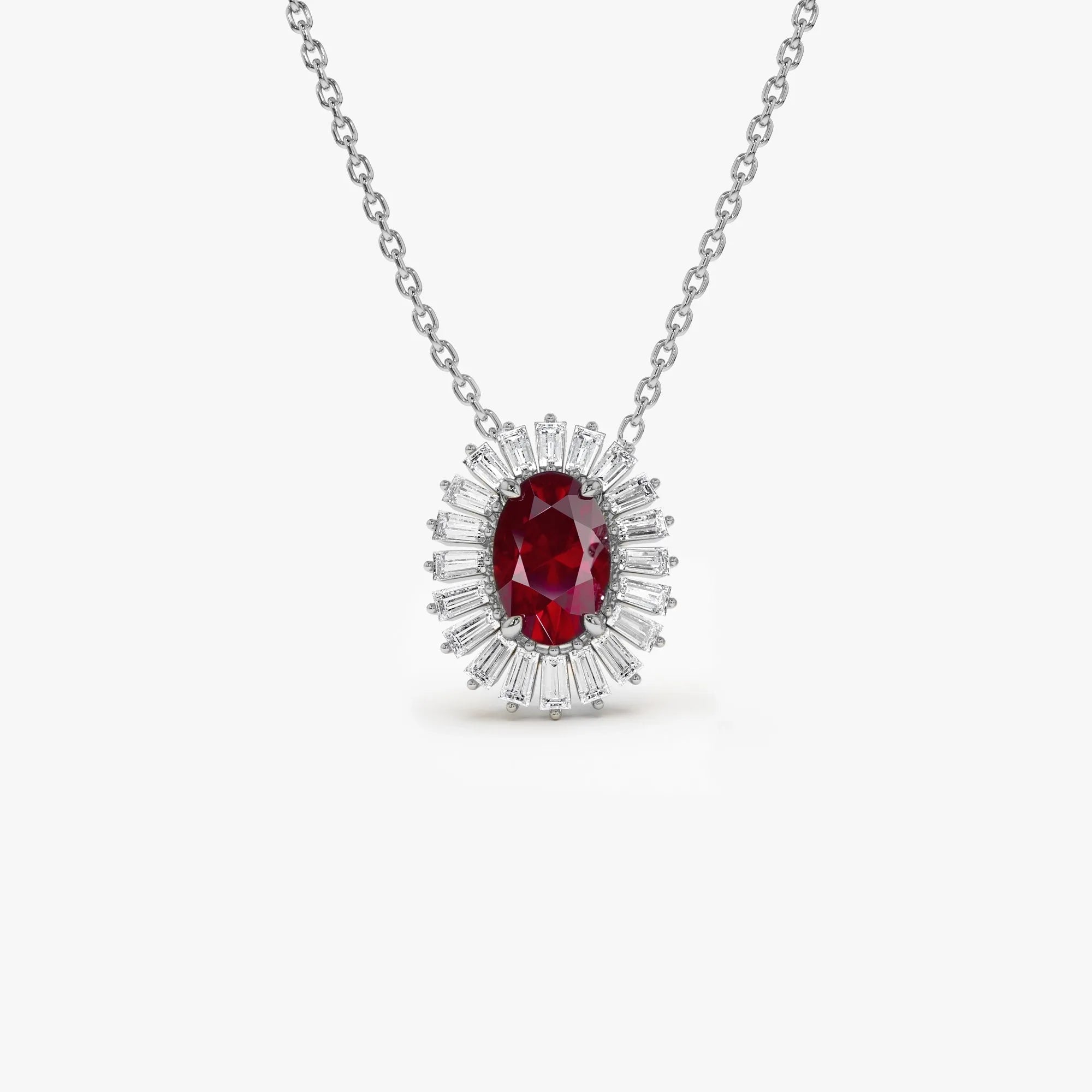 14k Solid Gold Ruby and Diamond Oval Baguette Halo Necklace 0.75 Carat Prong Setting