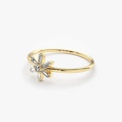 14K Gold Baguette and Round Diamond Flower Ring 0.28 CTW