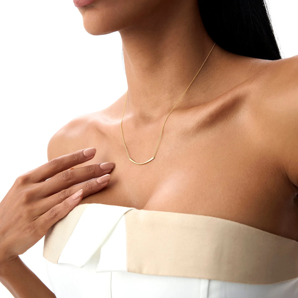 14k Solid Gold Minimalist Curved Bar Pendant Necklace