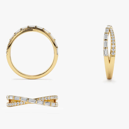 14k Gold 0.49 Carat Round and Baguette Diamond Crossover Ring