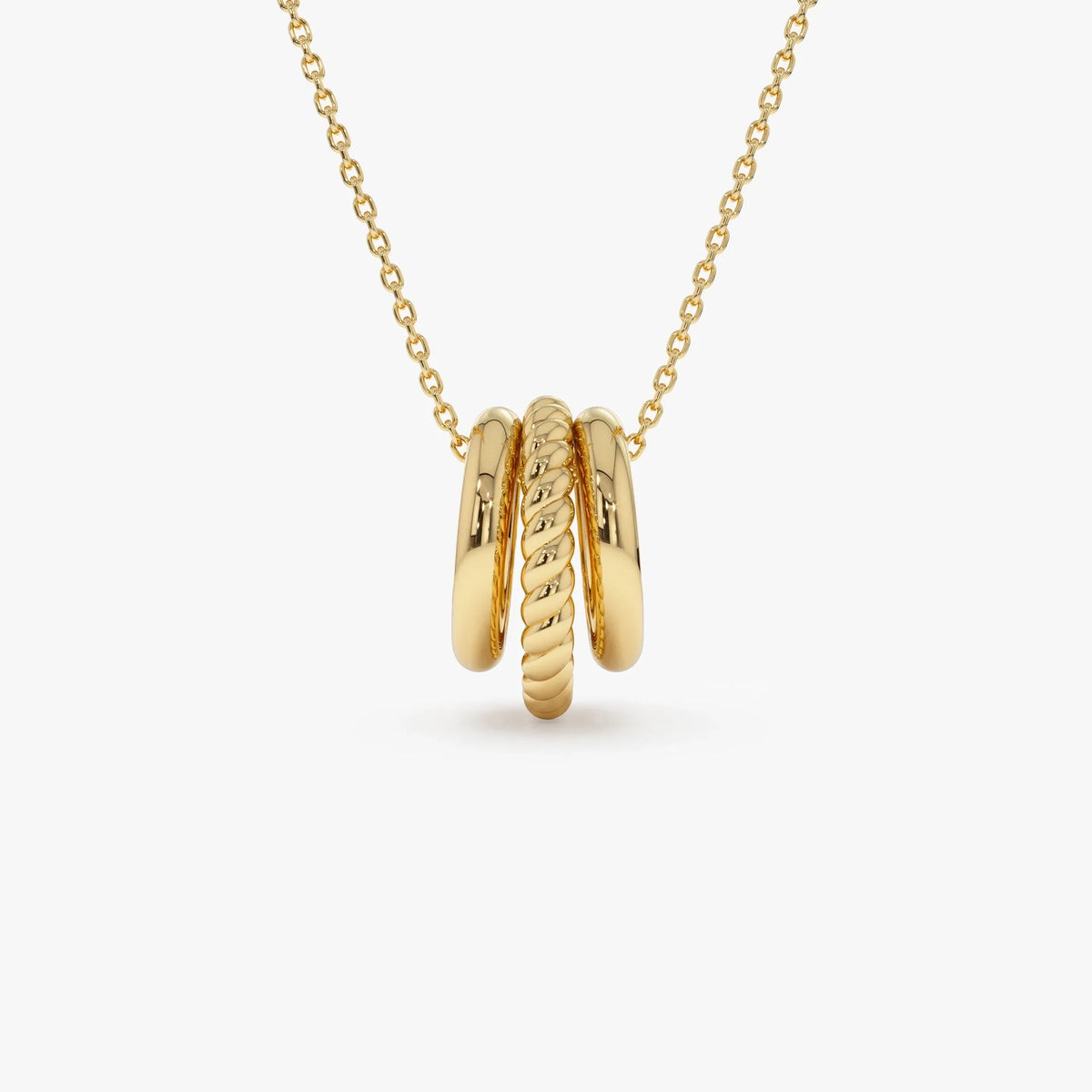 14k Solid Gold Three Ring Eternity Circle Necklace with Twisted and Plain Linked Detail