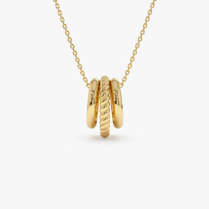 14k Solid Gold Three Ring Eternity Circle Necklace with Twisted and Plain Linked Detail