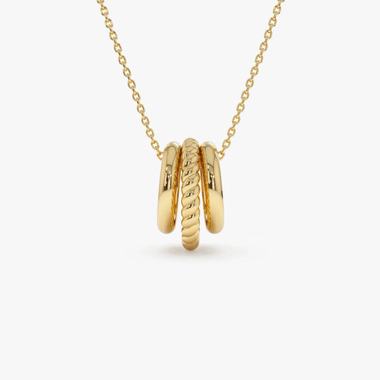 14k Solid Gold Three Ring Eternity Circle Necklace with Twisted and Plain Linked Detail