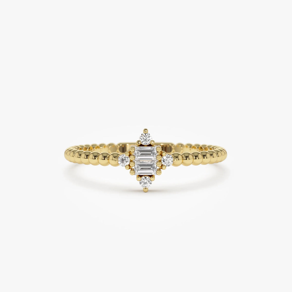 14k Solid Gold Baguette and Round Diamond Beaded Stacking Ring 0.12 ctw