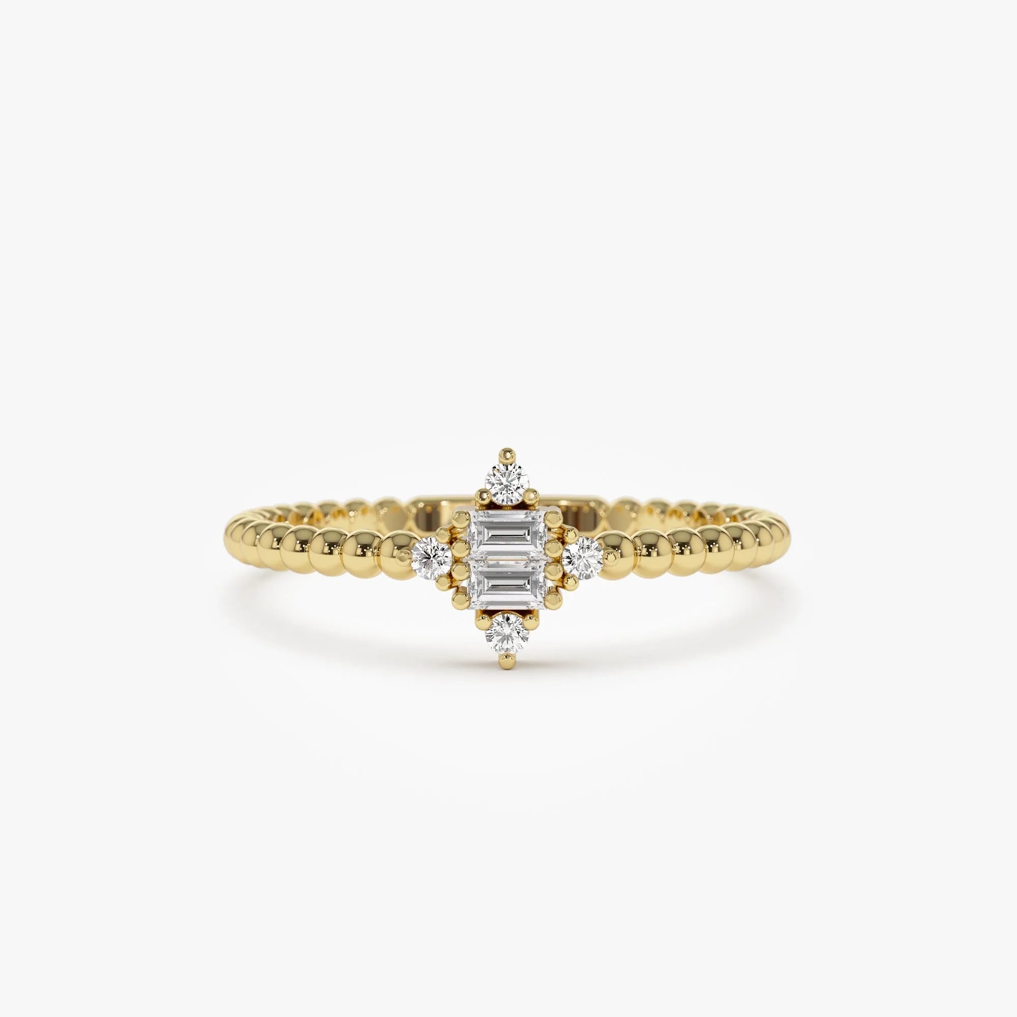 14k Solid Gold Baguette and Round Diamond Beaded Stacking Ring 0.12 ctw