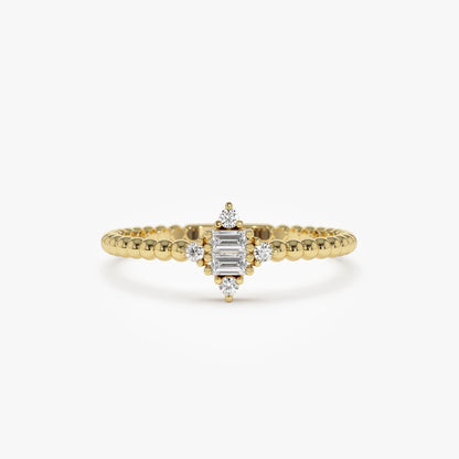 14k Solid Gold Baguette and Round Diamond Beaded Stacking Ring 0.12 ctw