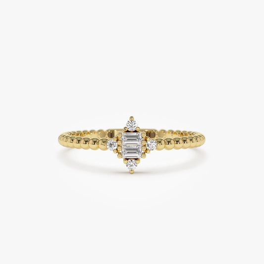 14k Solid Gold Baguette and Round Diamond Beaded Stacking Ring 0.12 ctw