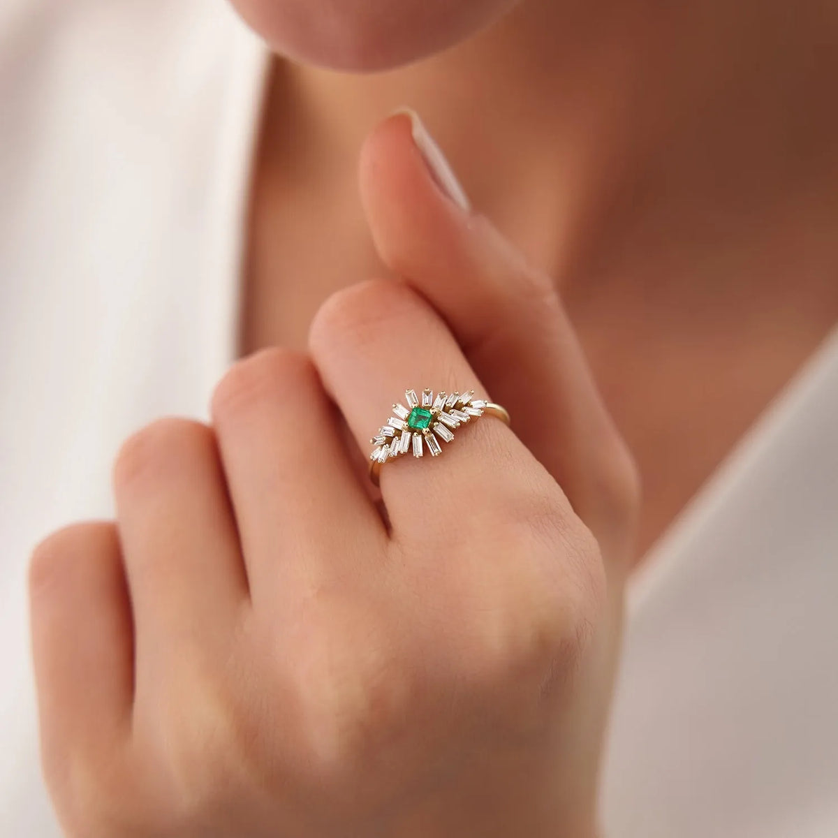 14K Gold Square Emerald and Baguette Diamond Ring 0.56 CTW Handcrafted Jewelry