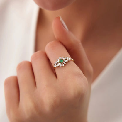 14K Gold Square Emerald and Baguette Diamond Ring 0.56 CTW Handcrafted Jewelry
