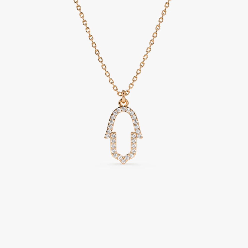 14K Solid Gold 0.14 CTW Round Diamond Hamsa Necklace