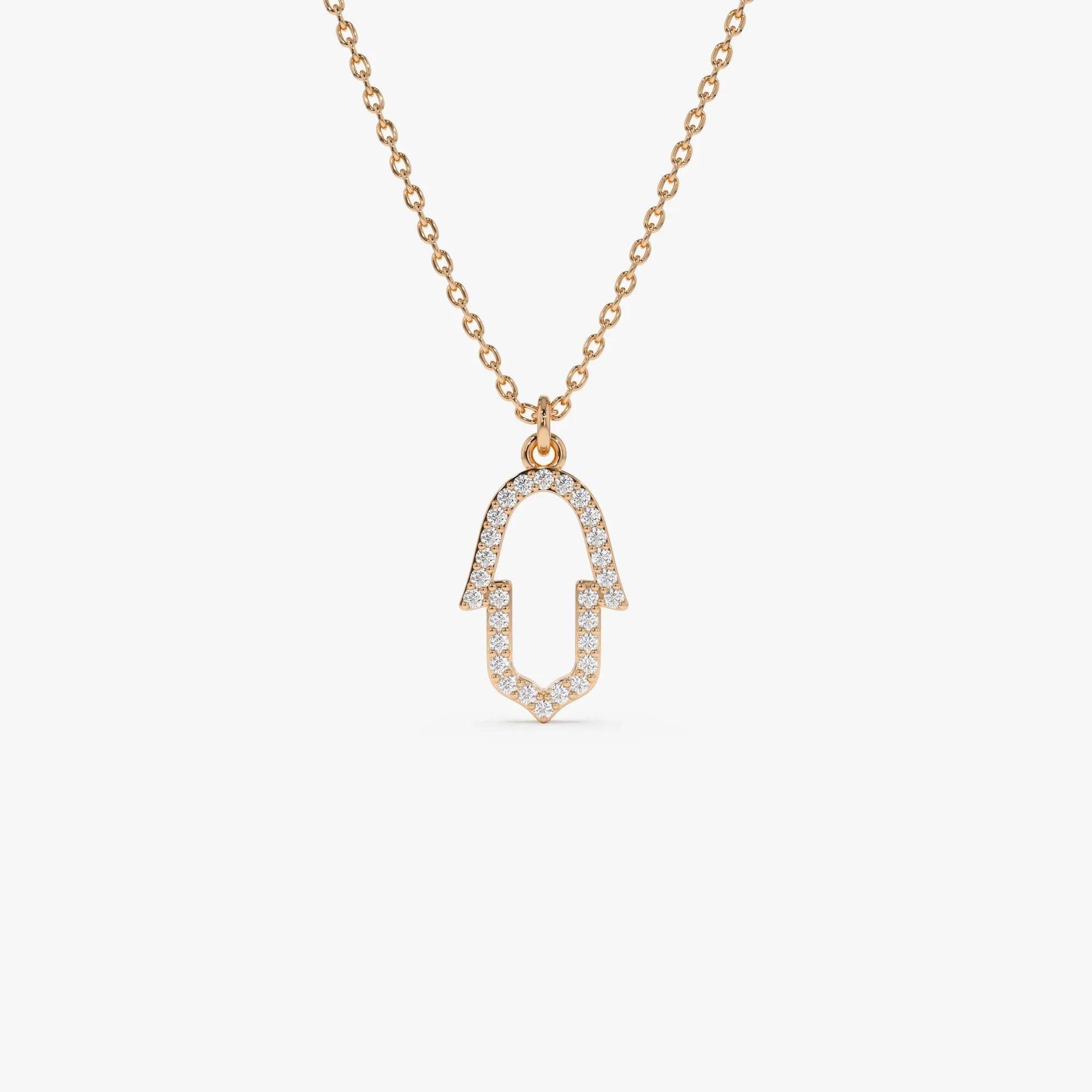14K Solid Gold 0.14 CTW Round Diamond Hamsa Necklace