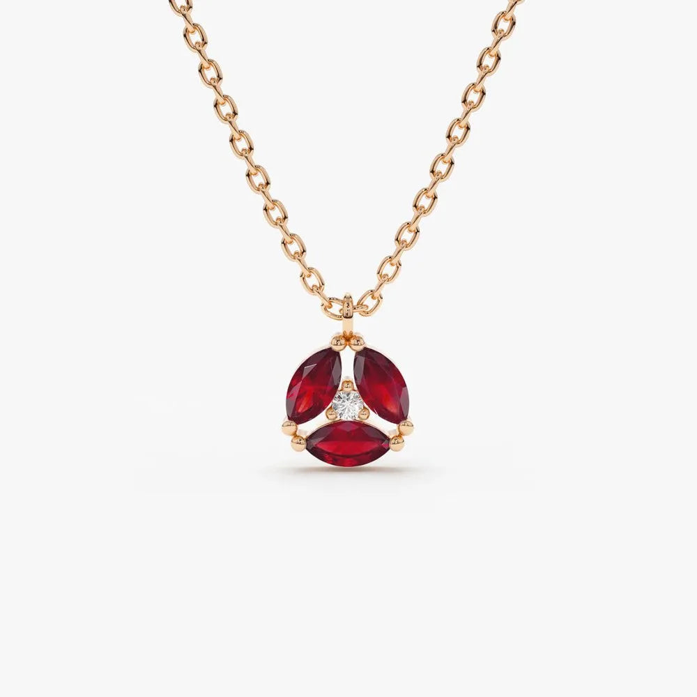 14k Solid Gold Ruby and Diamond Marquise Cluster Necklace 0.33 Carat Prong Setting