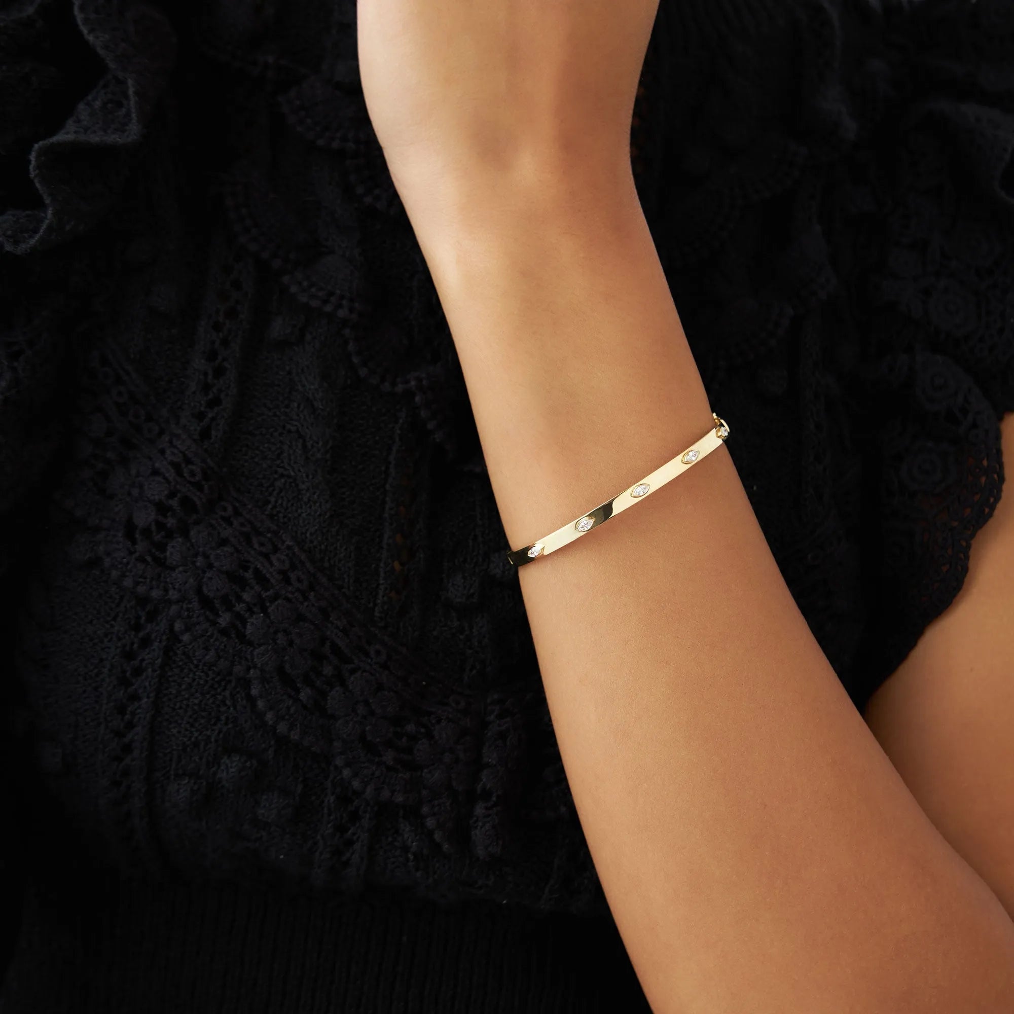 14K Solid Gold 0.30 CTW Marquise Diamond Bezel Set Bangle