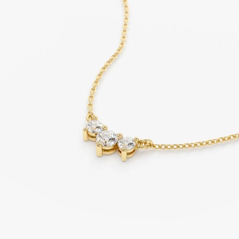 14K Solid Gold Round Diamond Trio Past Present Future Necklace Prong Setting 0.26ctw