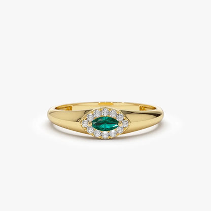 14K Gold Marquise Emerald and Round Diamond Halo Ring 0.17 CTW Handcrafted Jewelry