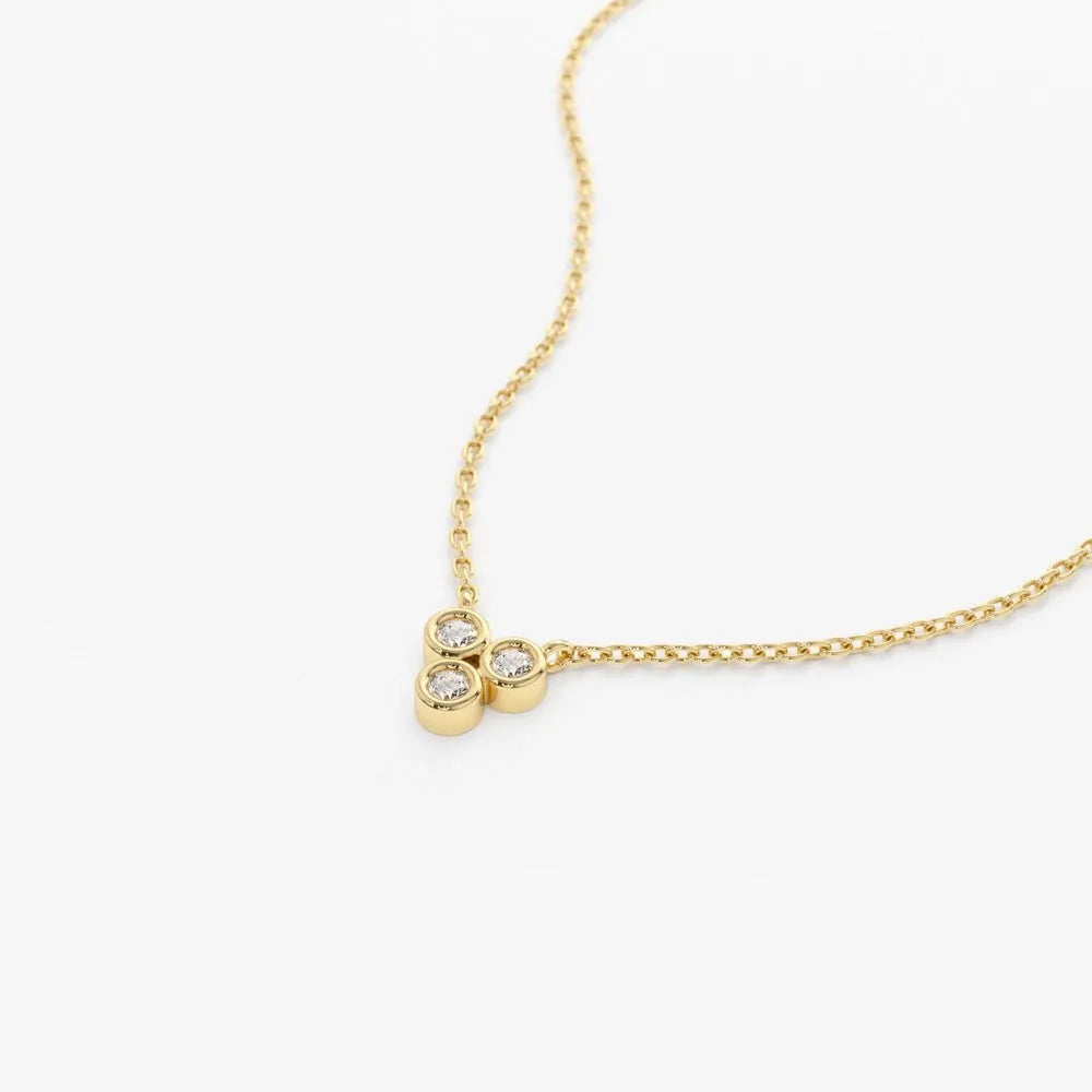 14K Solid Gold Round Diamond Trio Necklace Bezel Set 0.09ctw