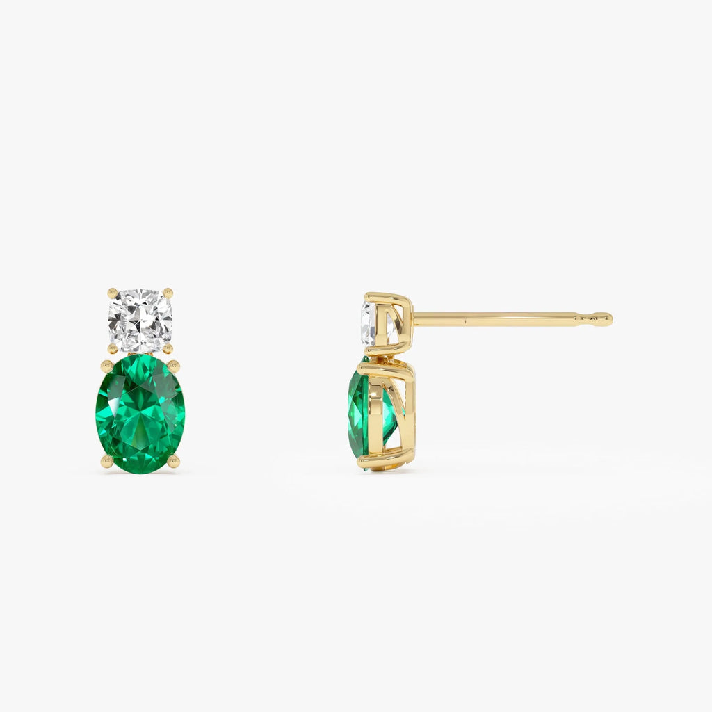 14k Gold Lab Grown Colombian Emerald and Diamond Oval and Cushion Cut Two-Stone Stud Earrings 3.00 ctw