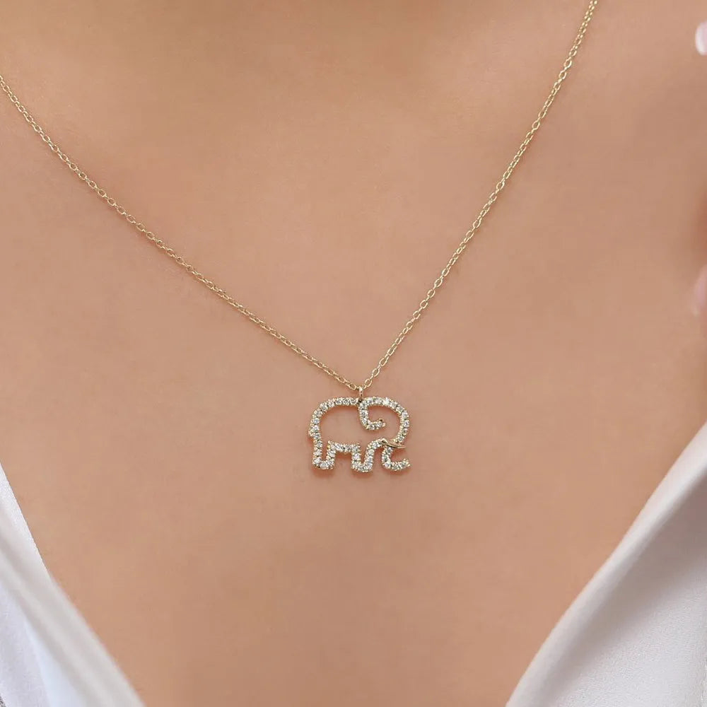 14K Solid Gold Round Diamond Micro Pave Elephant Charm Necklace 0.22ctw