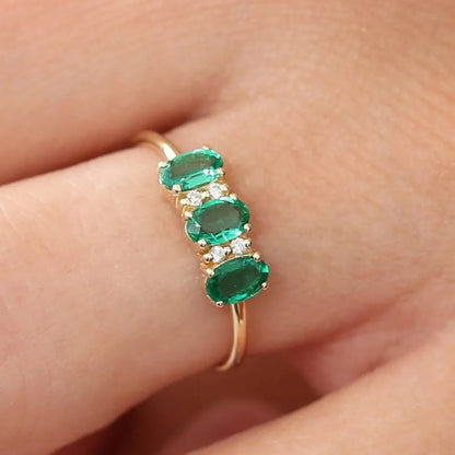 14K Solid Gold Triple Oval Emerald and Round Diamond Ring 0.70 CTW Handcrafted Jewelry