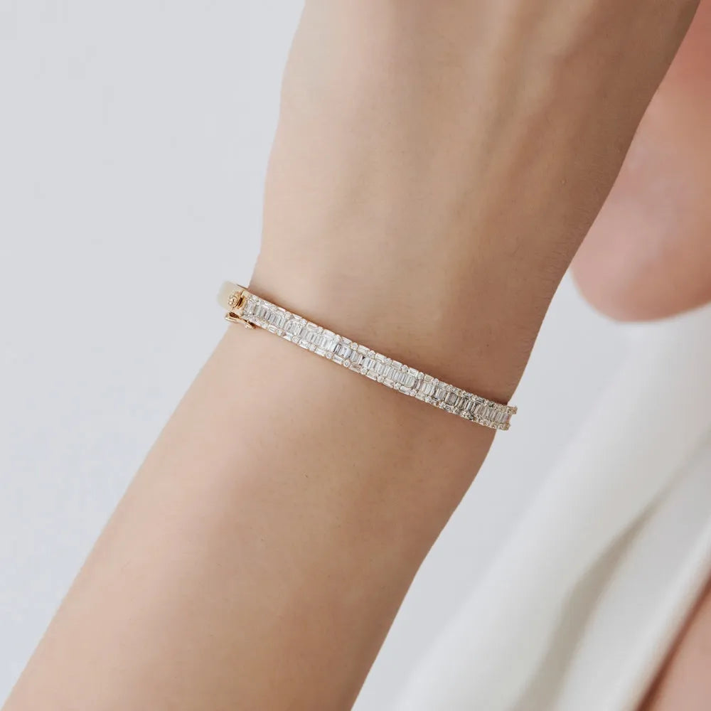 14K Solid Gold 2.60 CTW Baguette and Round Diamond Micro Pave Statement Bangle
