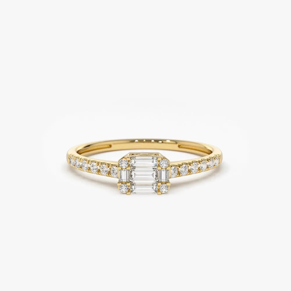 14k Gold 0.33 CTW Baguette Diamond East to West Illusion Setting Micro Pave Ring