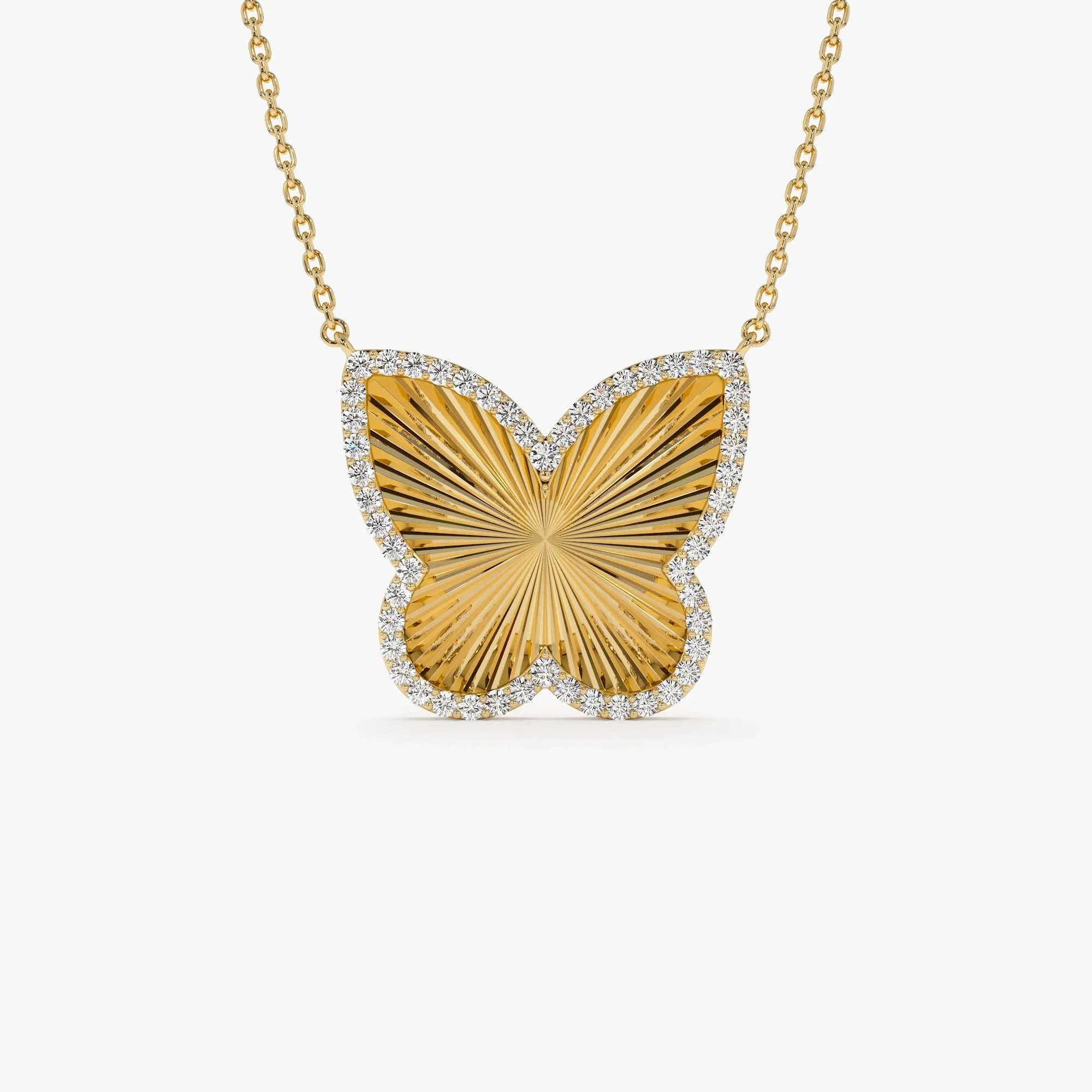 14K Solid Gold 0.30 CTW Round Diamond Textured Butterfly Charm Pendant Necklace